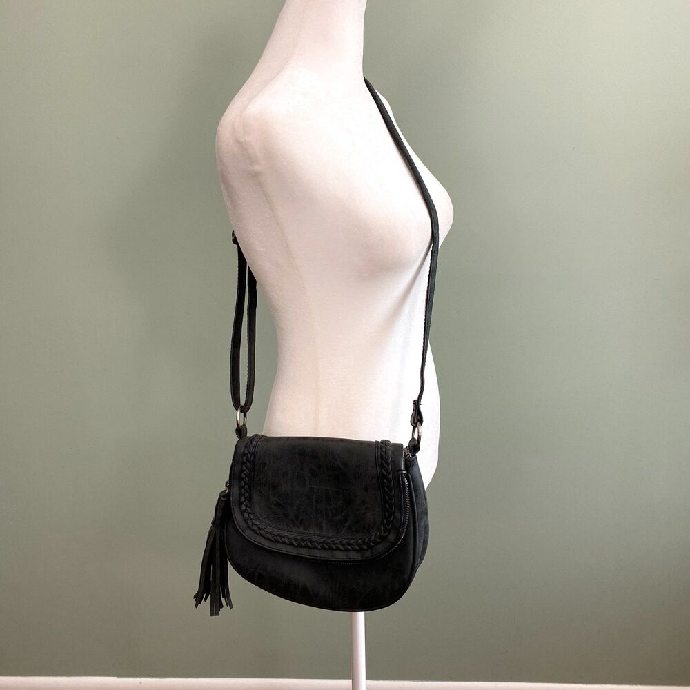 American Eagle Faux Leather Crossbody Shoulder Bag Purse Grey Tassel Western